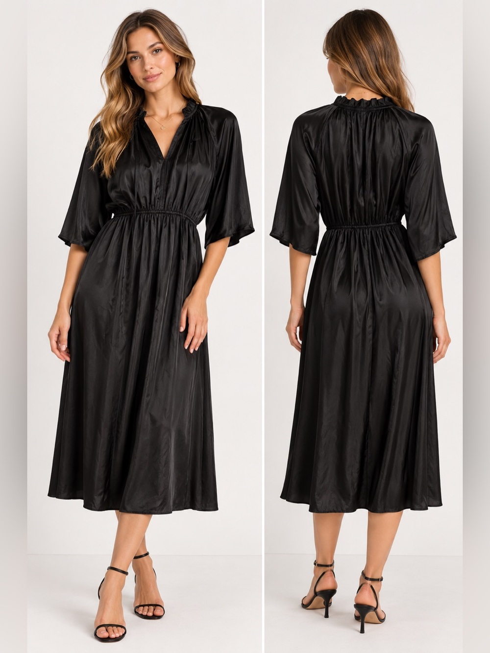 Zara Black Satin Ruffle Neck Ruched Waist Midi Dress Size S